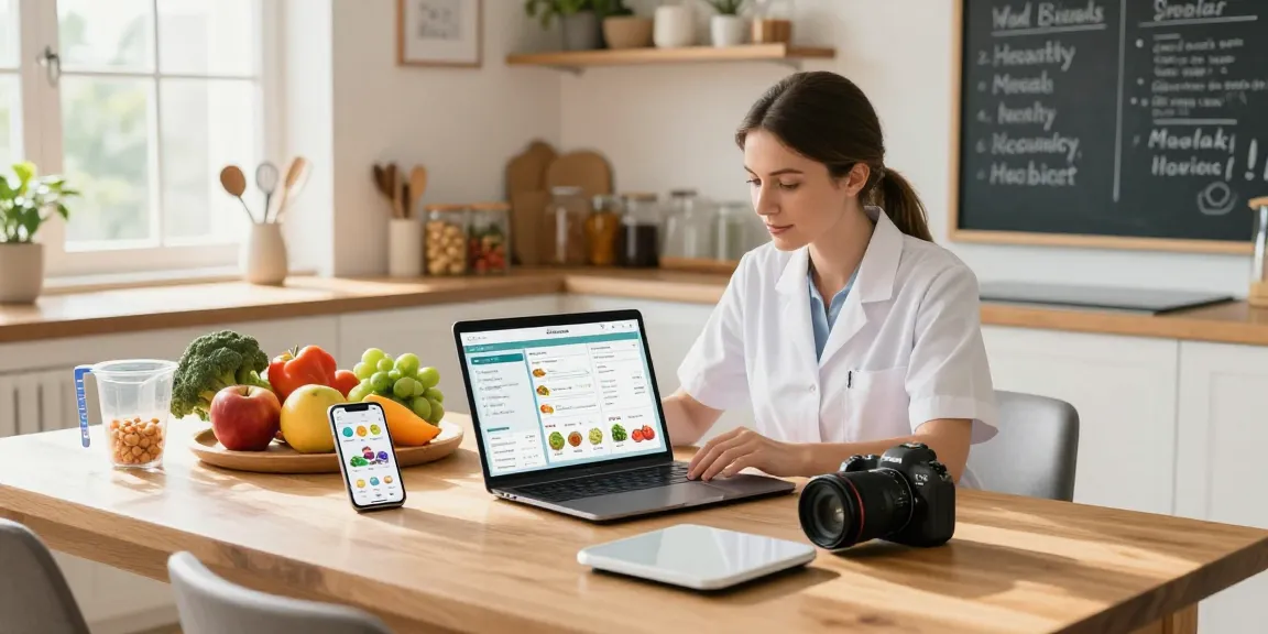 Nutritionist exploring the best food tracking app options on a laptop surrounded by fresh ingredients.