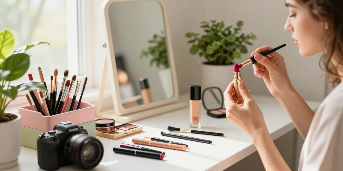 Natural makeup application scene featuring a makeup pencil sharpener among beauty tools.