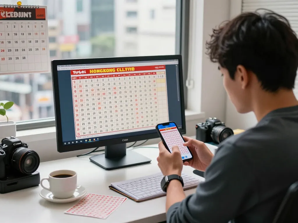 HK Lotto player eagerly checks lottery results on smartphone at a modern desk with lottery strategizing tools.