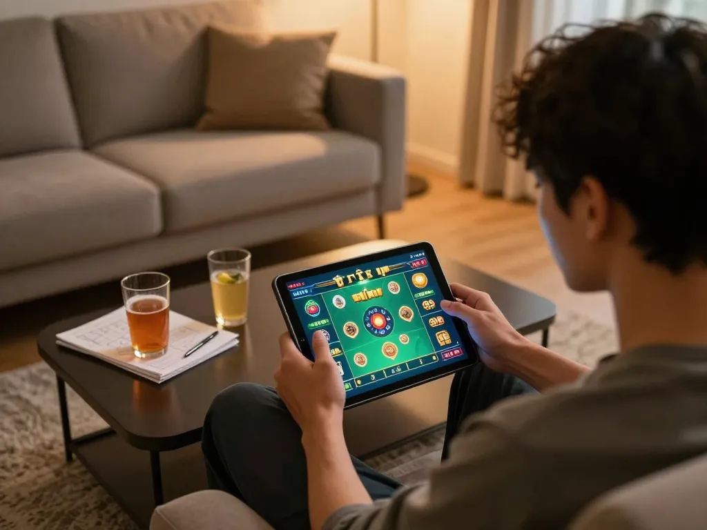 Tai XiuOnline8 player engaging in online gameplay on a tablet, featuring vibrant graphics and strategic notes.