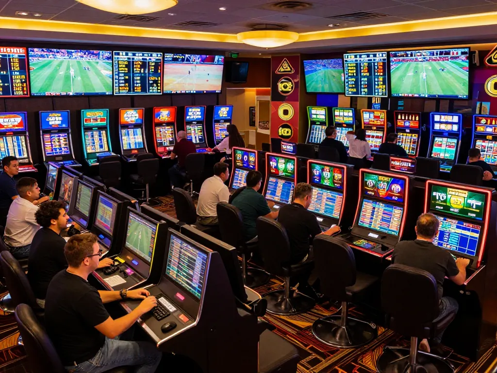 Excited bettors analyzing live odds on tylekeonhacai88 during a major sports event