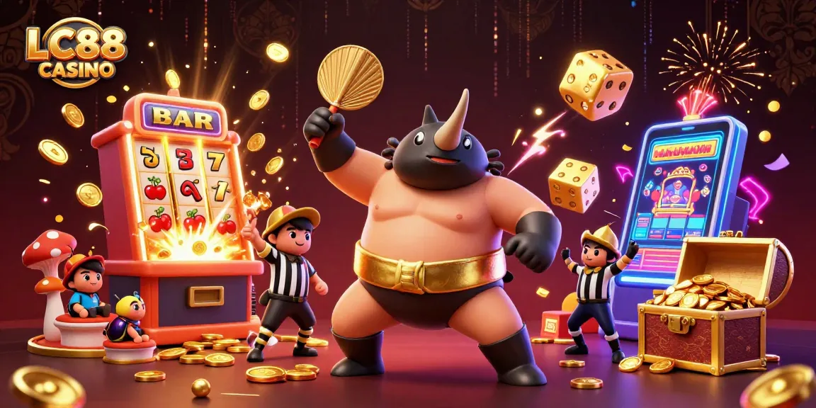 Experience thrilling action at LC88 CASINO with slot machines, beetles, and vibrant casino elements.
