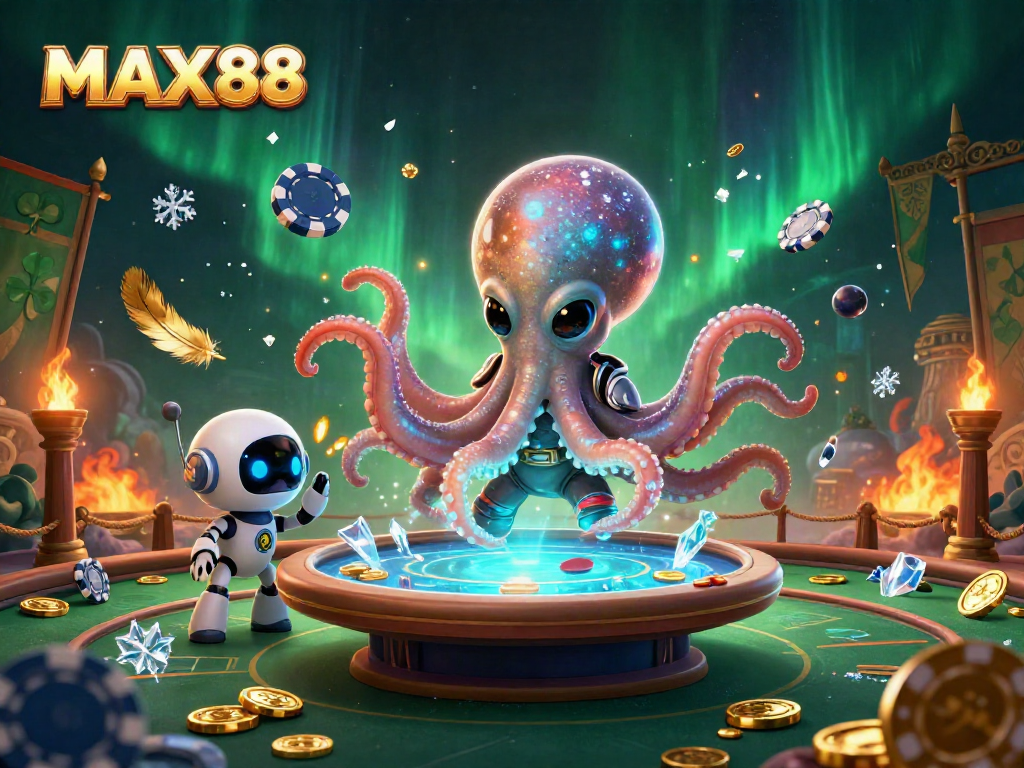 MAX88 features a vibrant alien octopus playing poker, surrounded by cosmic casino elements.