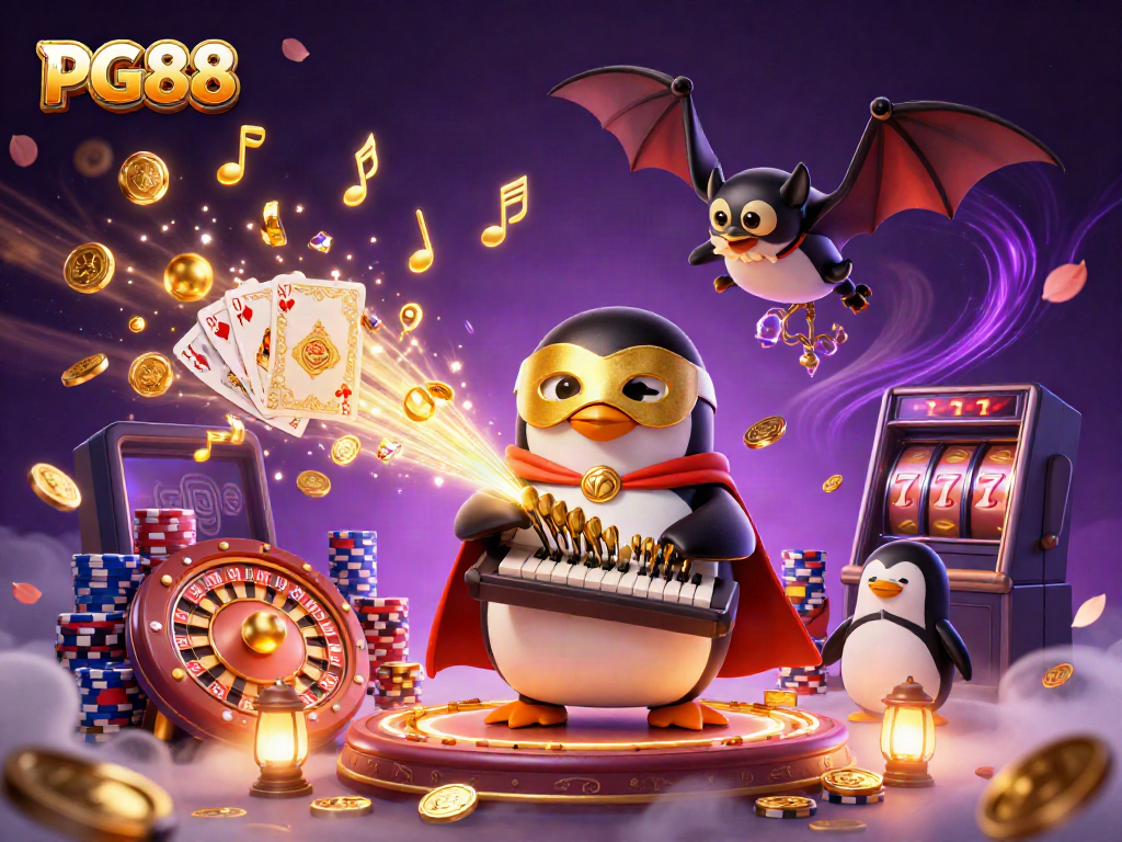 Play and win at PG88 with a penguin organist shooting golden coins, surrounded by vibrant casino elements.