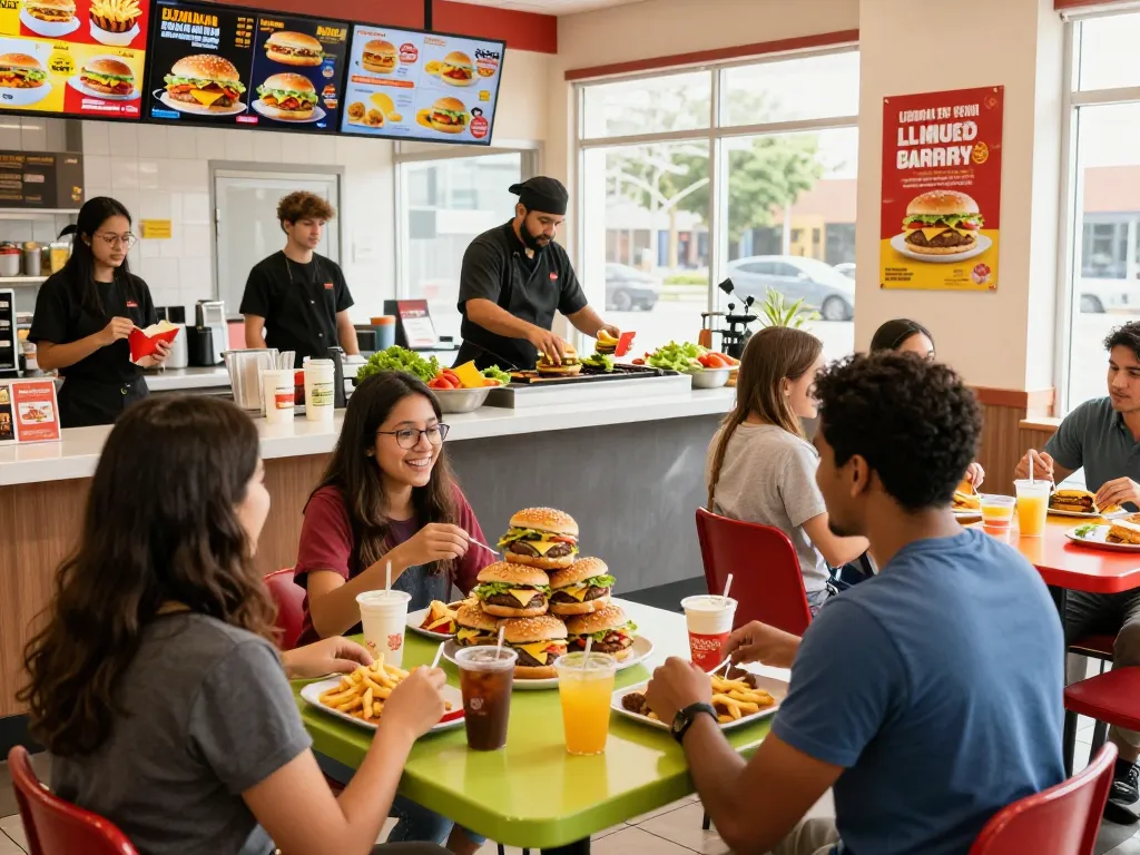 Exciting fast food menu offerings with chefs preparing meals in a busy restaurant setting.