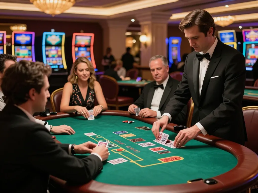 Players at 888now blackjack table strategizing in a high-end casino environment.