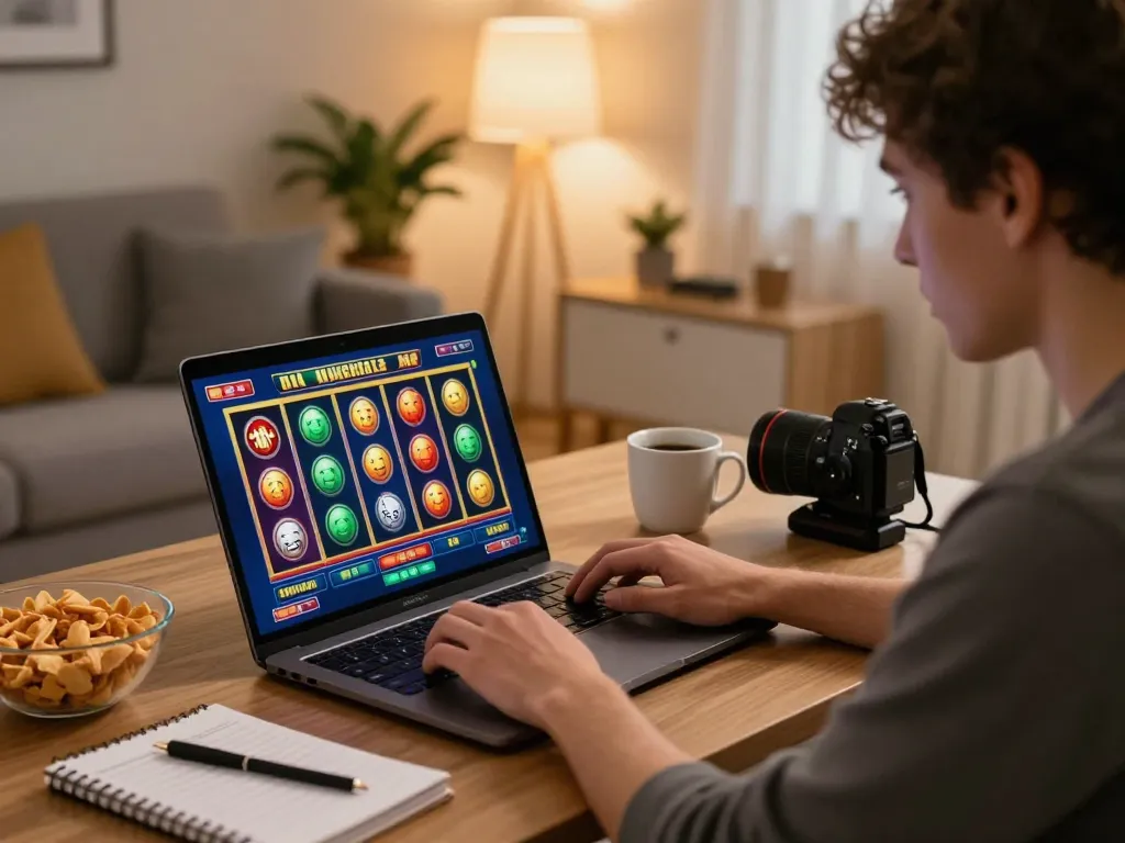 Engaged player strategizing with slot depo 3k on laptop in cozy home gaming environment.