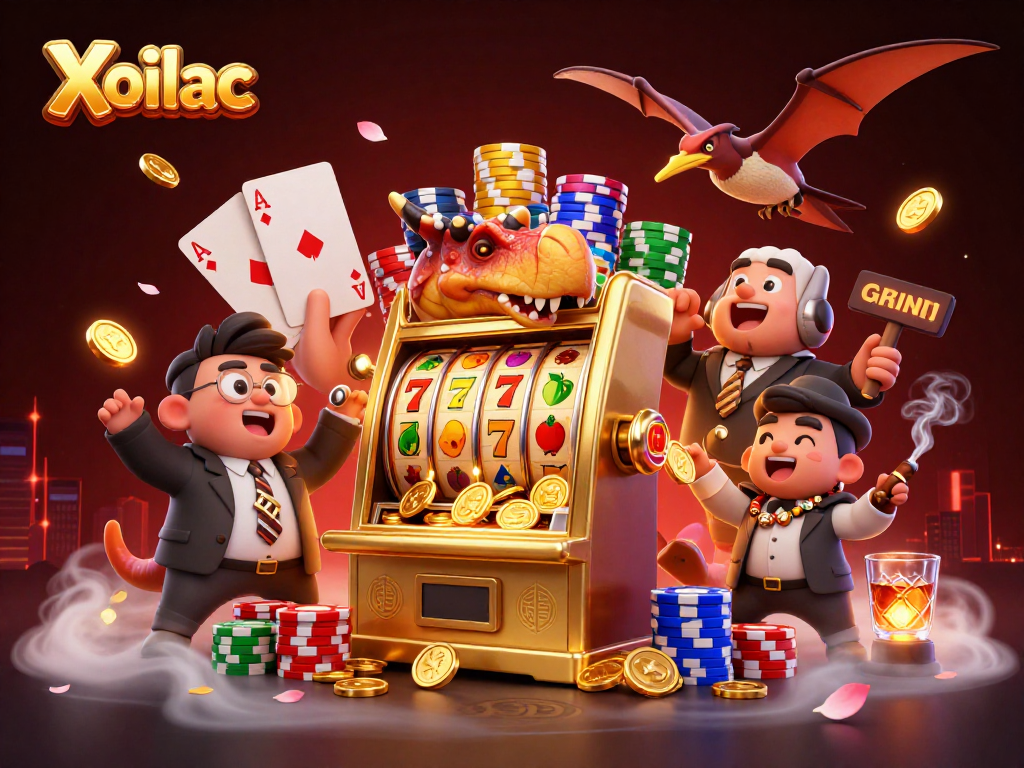 Xoilac showcases thrilling jackpots with cartoon dinosaurs in a lively casino scene.