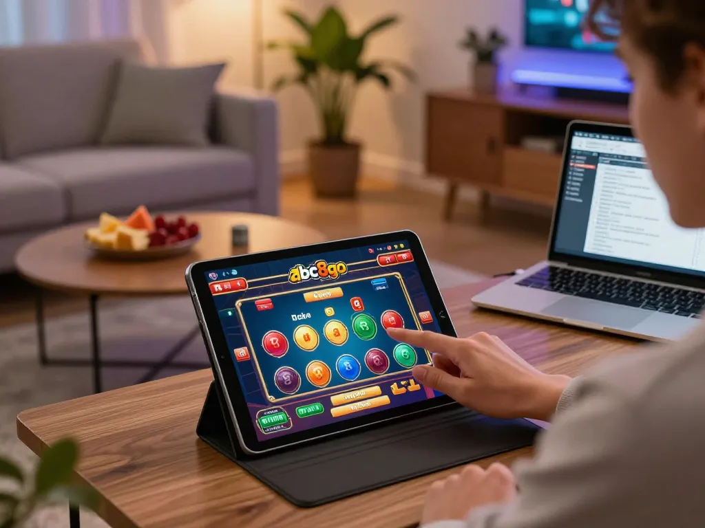 Player using abc8go on a tablet at home for an engaging online casino gaming experience