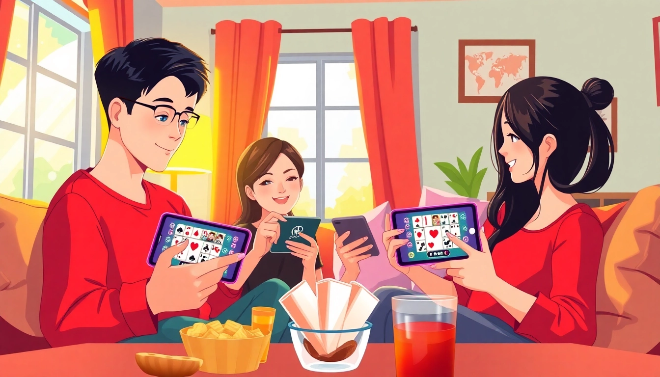 Players enjoying Yono rummy on their devices in a cozy, lively setting.