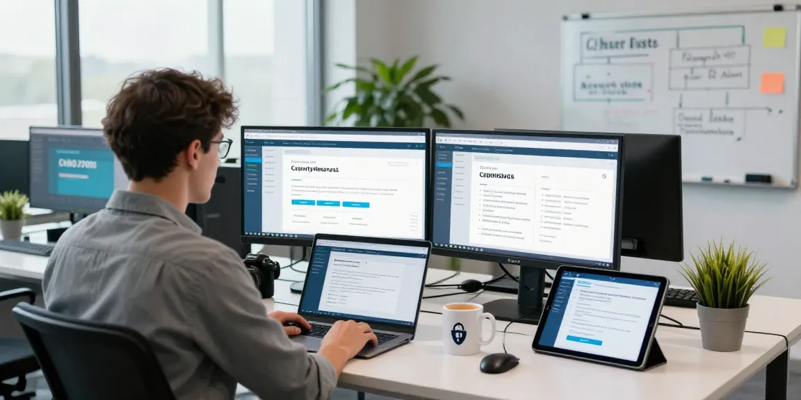 cyber essentials vs iso 27001 comparison in a modern cybersecurity workspace with compliance visuals and tech elements