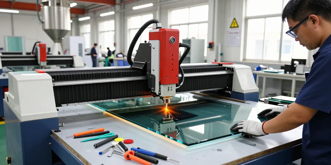 Efficient CNC glass cutting machine operation with technician cutting glass sheets