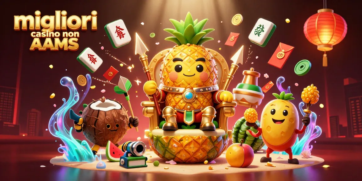Esplora i migliori casino non AAMS con un re ananas dorato e armature tropicali in un ambiente di gioco vivace.