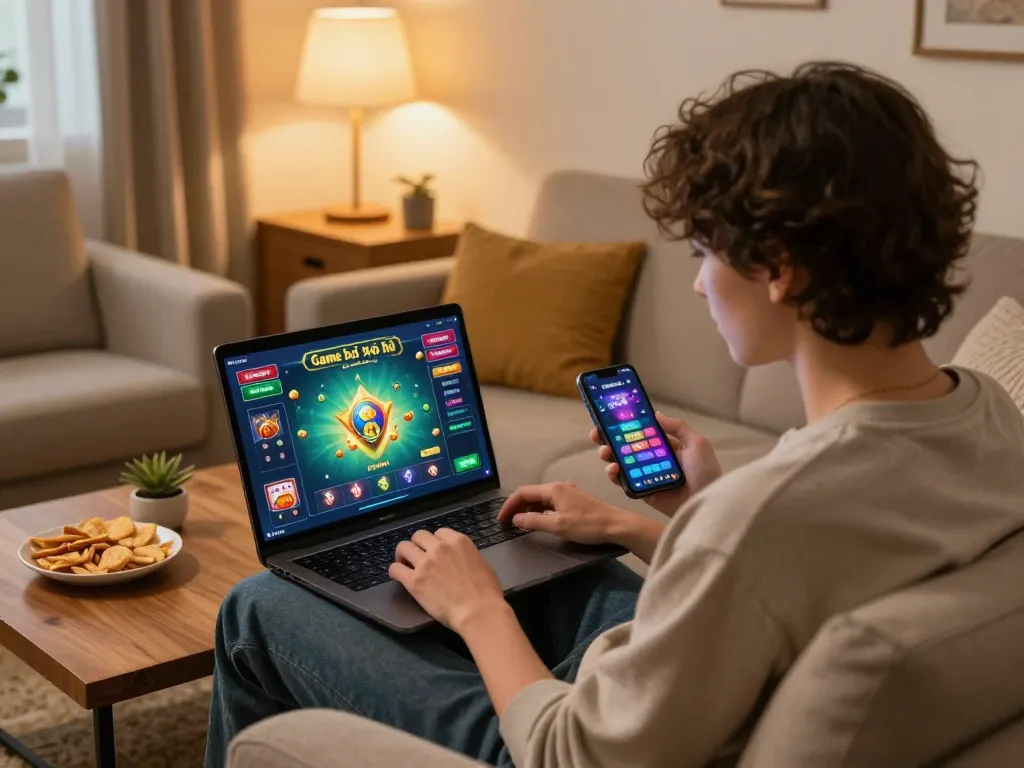 Engaging player enjoying Game bài nổ hũ online from the comfort of home, showcasing focused gameplay and ambient setting.