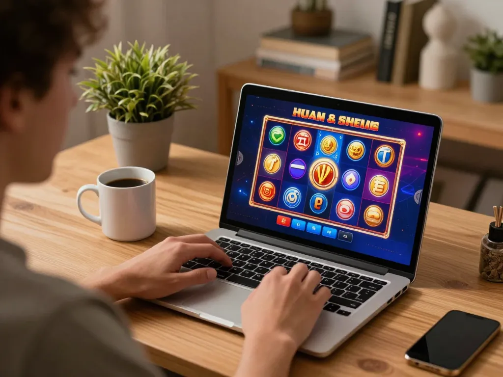 Pemain yang berinteraksi dengan permainan slot online DEWI88 di laptop, menampilkan antarmuka permainan yang cerah di lingkungan rumah yang nyaman.