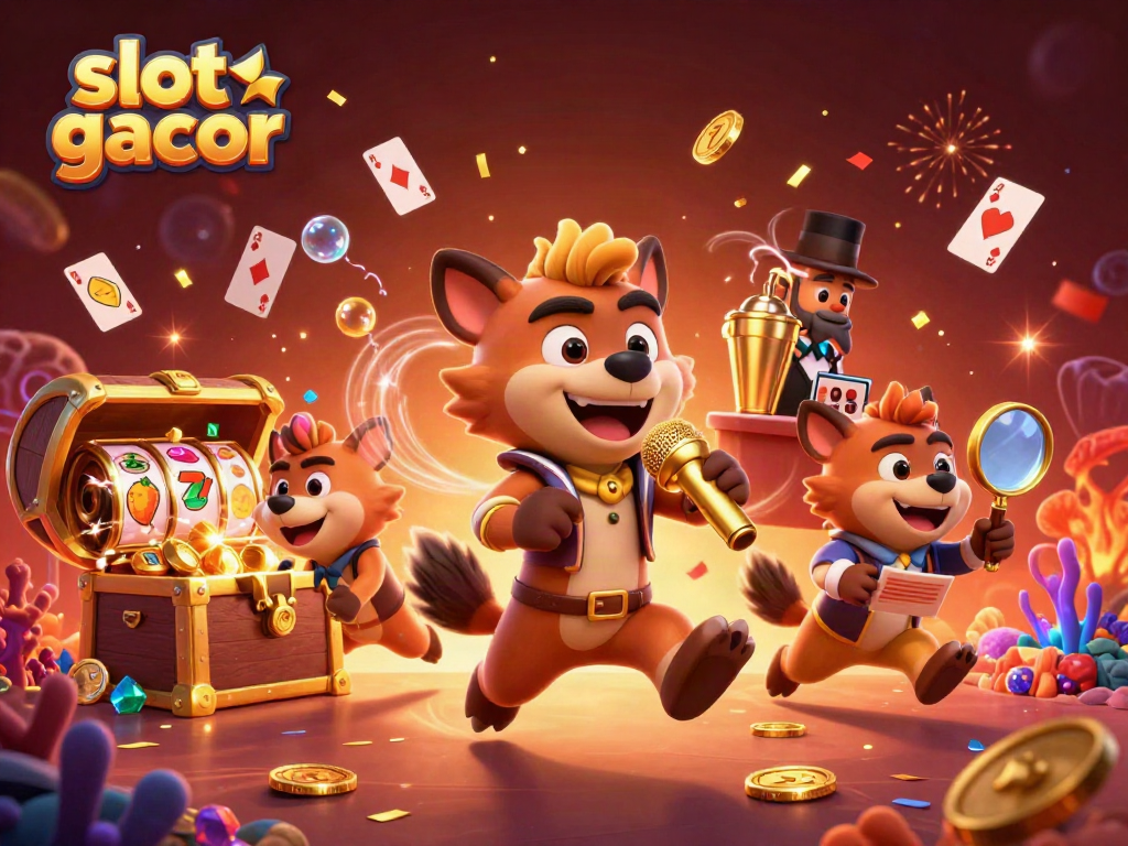 Experience excitement with slot gacor in a dynamic casino scene featuring hyena characters.