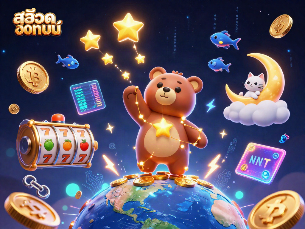 Engage inสล็อตออนไลน์ while enjoying vibrant 3D casino characters and slot elements in a dynamic scene.