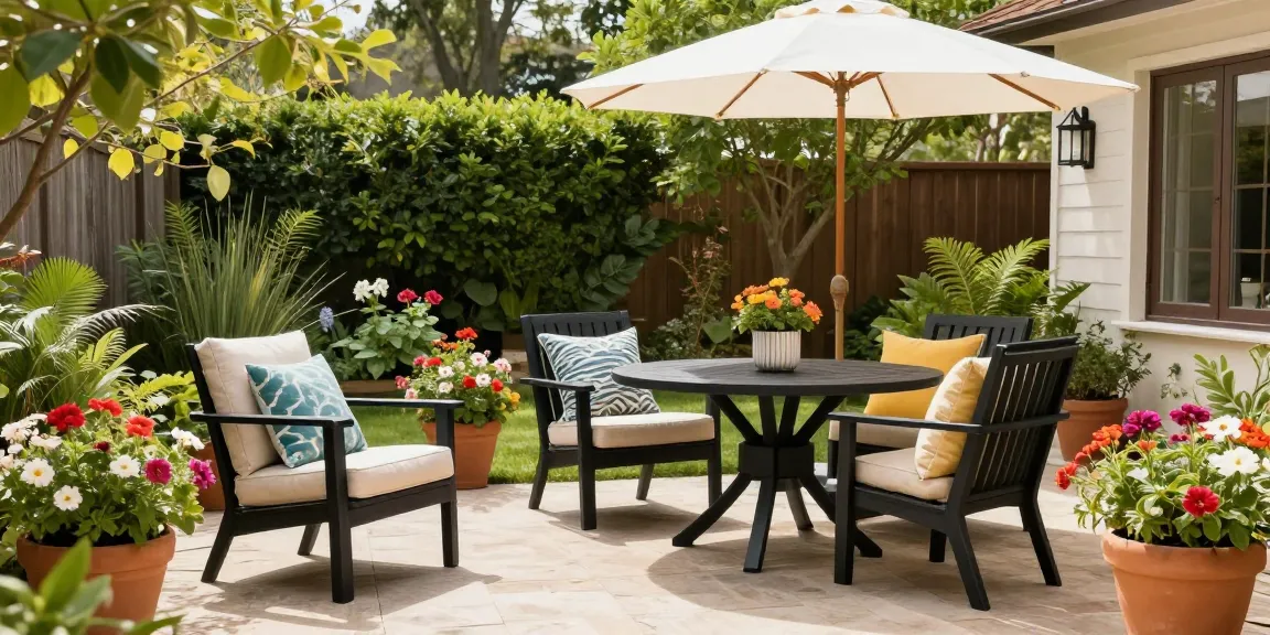 Outdoor patio furniture displayed in a vibrant garden setting, featuring a Camden Club Chair and Lotus Dining Set in Black, ideal for summer gatherings.
