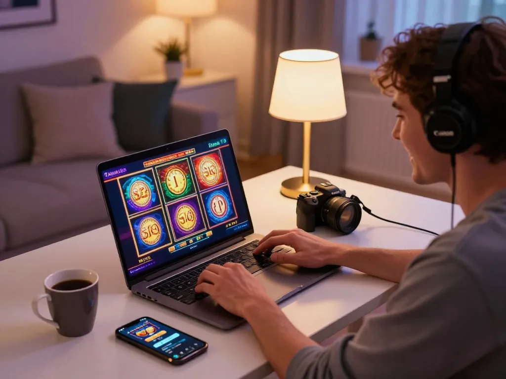 Player enjoying RR88 slots on a laptop in a cozy home setting, enhancing online gaming excitement.