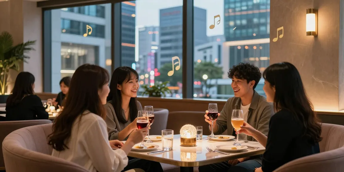 강남쩜오에서 친구들과 즐거운 시간을 보내는 사람들, 아늑한 분위기와 현대적인 인테리어.