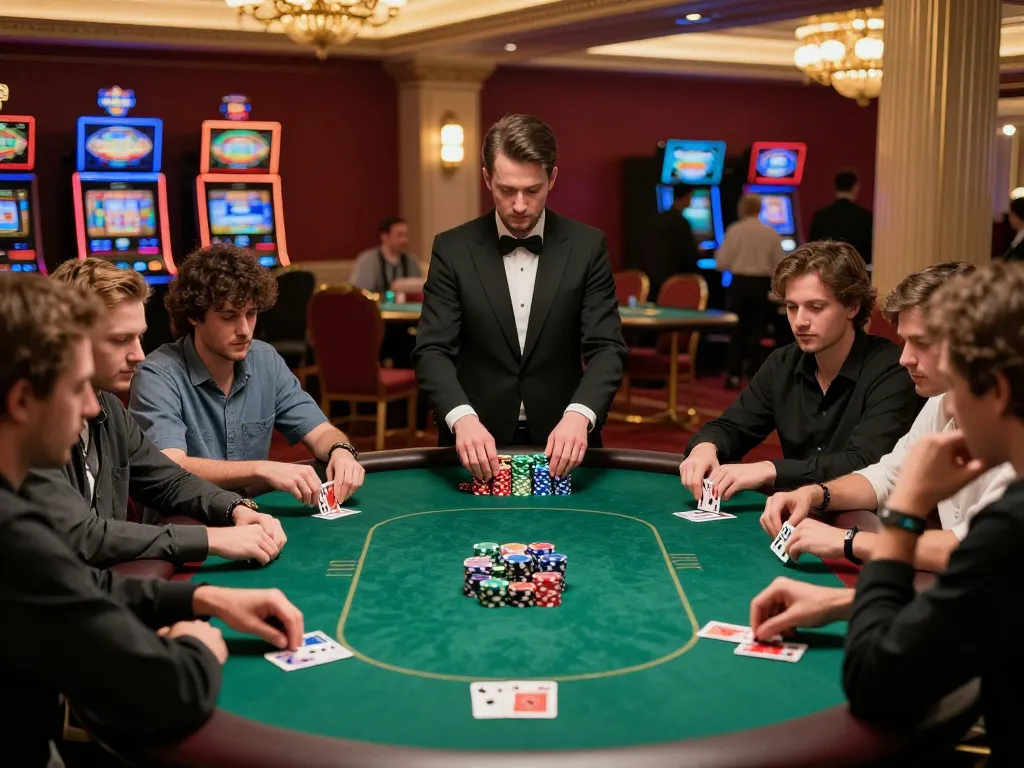 Players engaging in a high-stakes poker game at a casino, showcasing excitement and strategy, promoting website amigogrillandco.