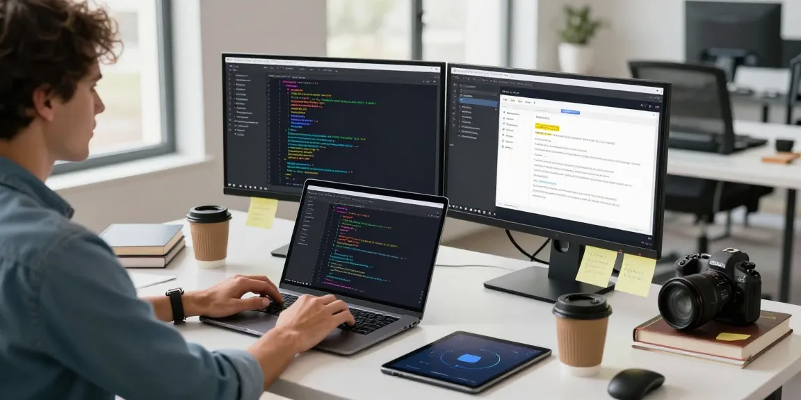 Engineer developing 纸飞机中文版 app on dual monitors in a bright workspace.