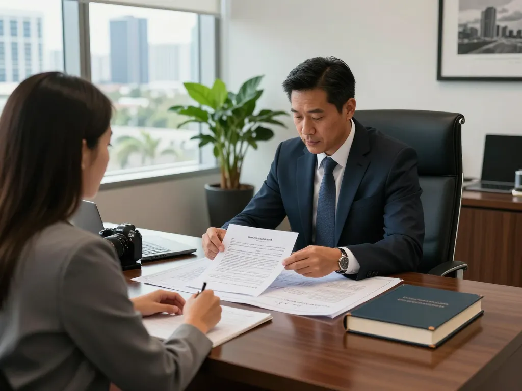 Boca Raton Construction Litigation Lawyer discussing case details with a client in a refined office.