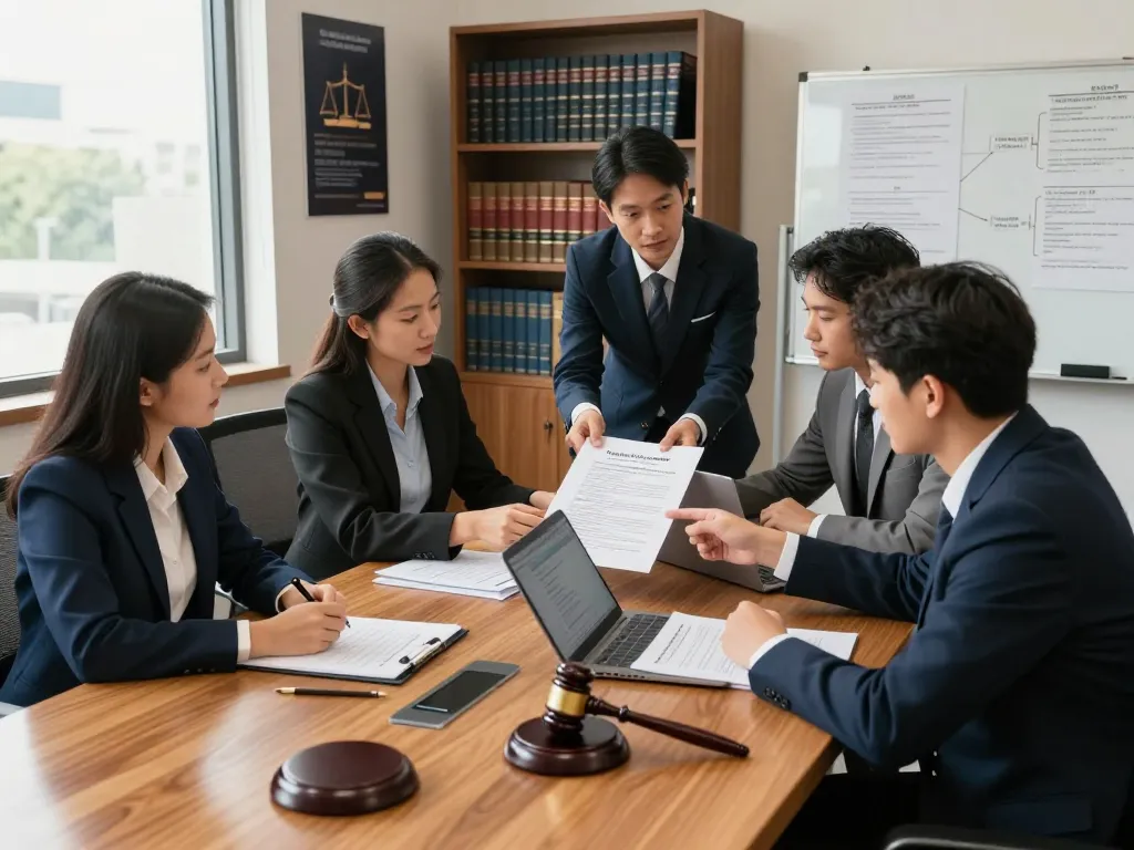 USA lawyers collaborating in a modern law office environment, showcasing teamwork and professionalism.