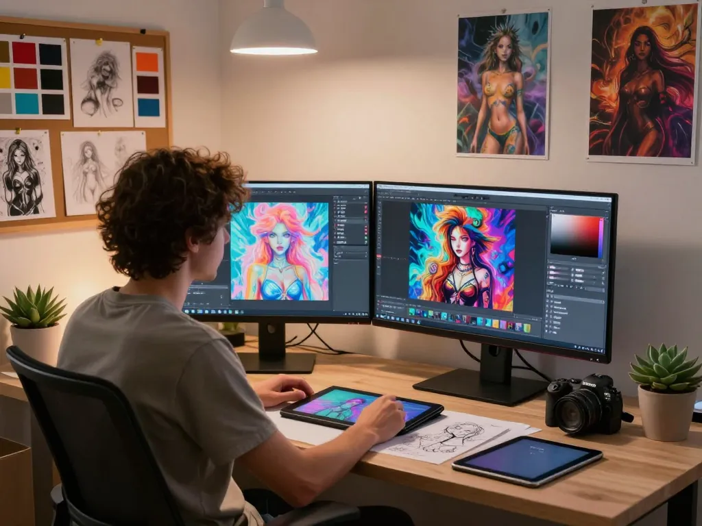 Artist generating captivating NSFW AI art in a modern studio, showcasing creative technology.