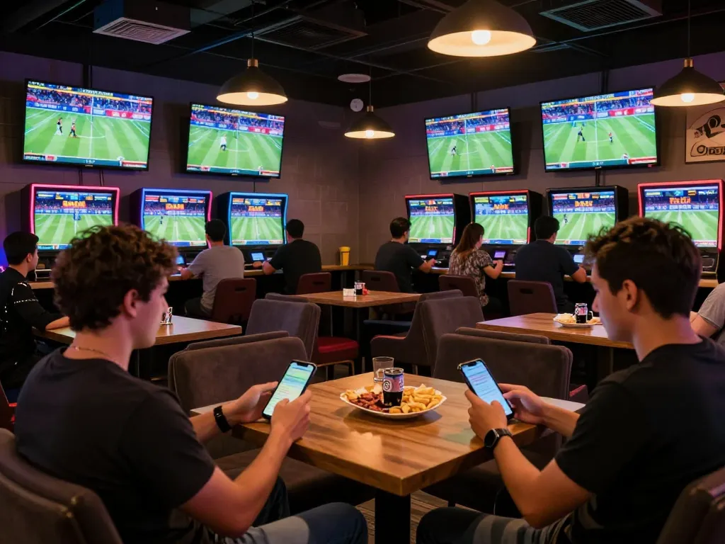 Excited bettors engaging with SC88 sports betting app in a stylish lounge.
