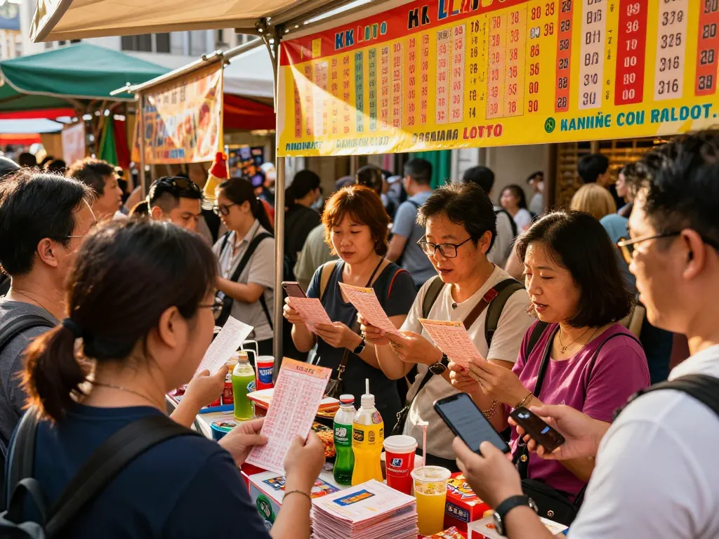 Exciting HK Lotto live draw scene with eager participants checking their numbers amidst vibrant market atmosphere.