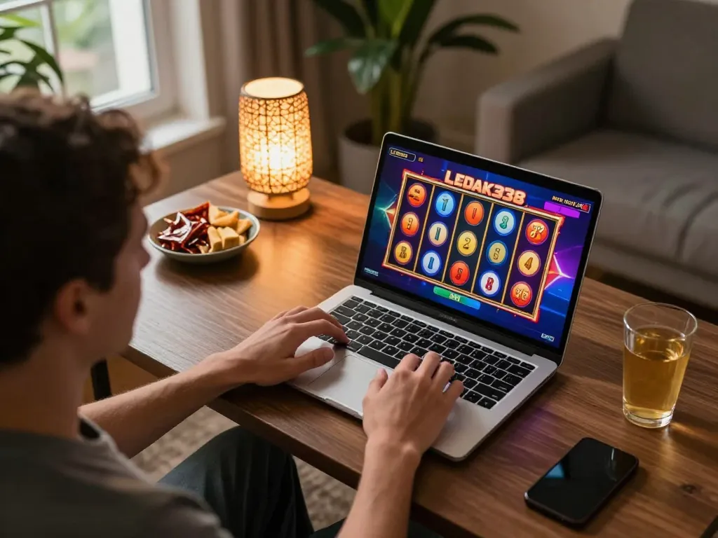 Engaged player enjoying LEDAK338 slot games at home with snacks and ambient lighting.
