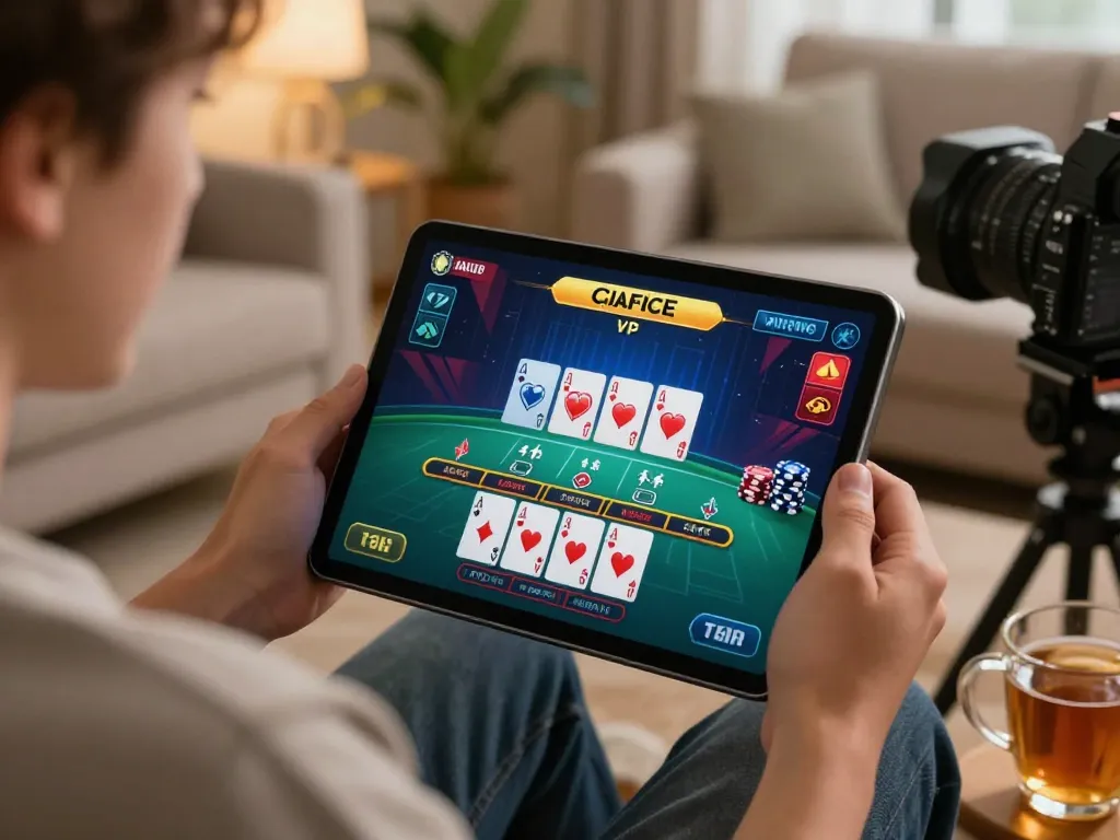 Player engaged in dynamic nk88 online baccarat game on tablet in a cozy living room setting.