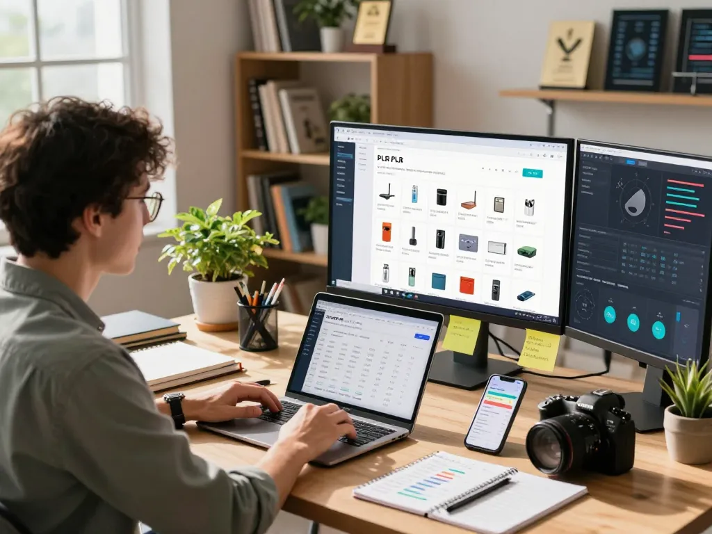 Entrepreneur reviewing PLR Digital Products for Sale in a vibrant e-commerce workspace.