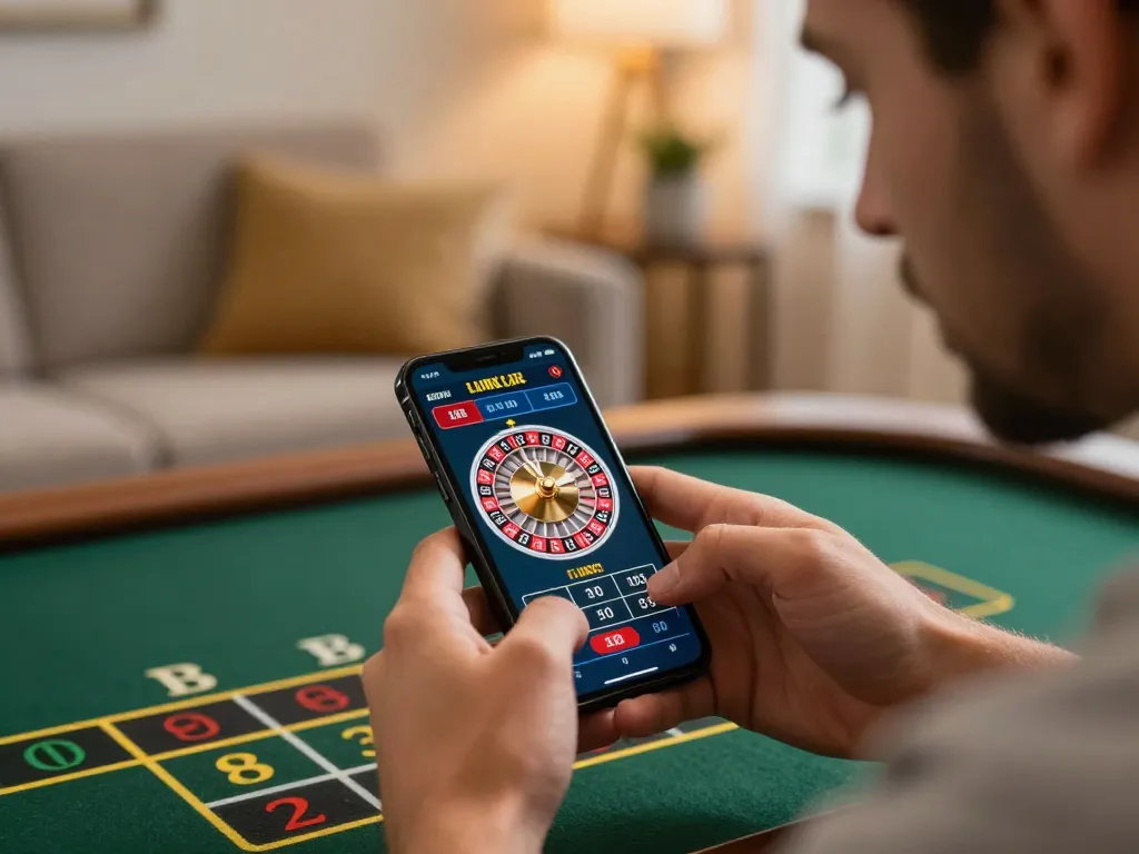 Player engaging with live dealer roulette on smartphone, enhancing their XX88 gaming experience