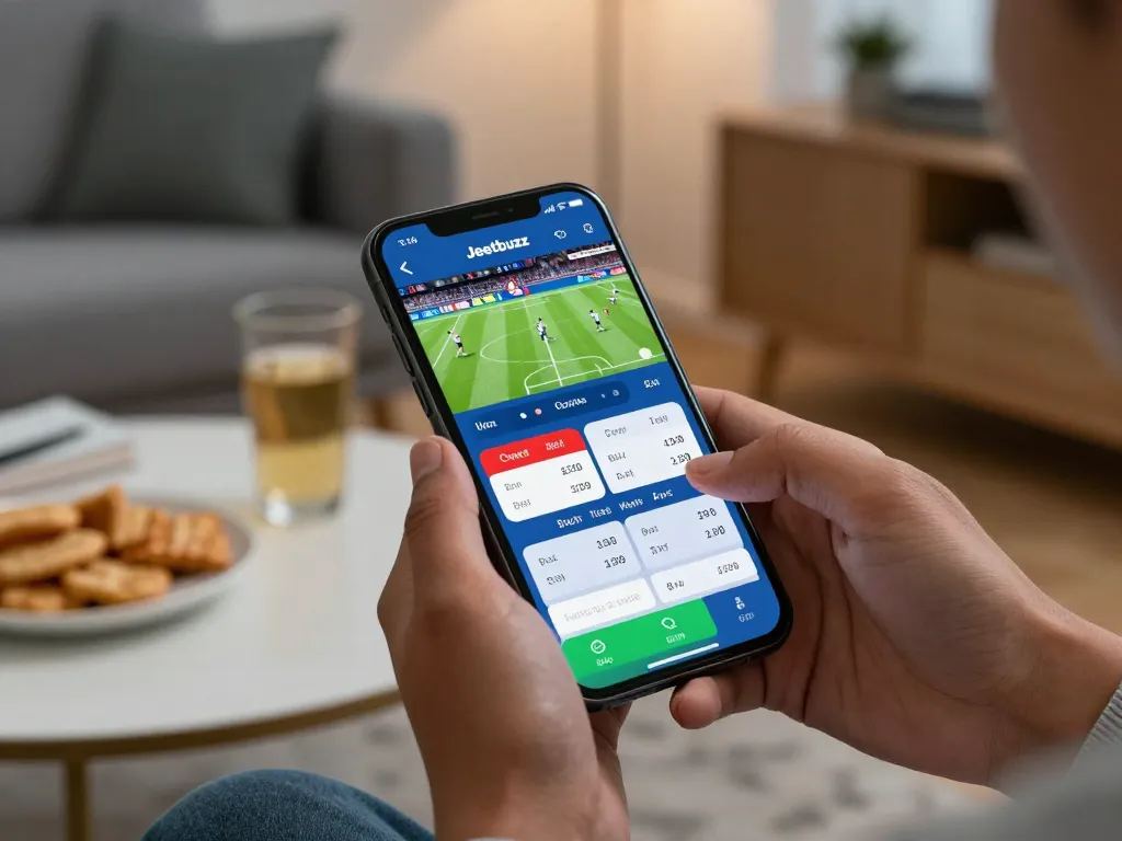 Placing bets on Jeetbuzz app during live sports events in a cozy home setting
