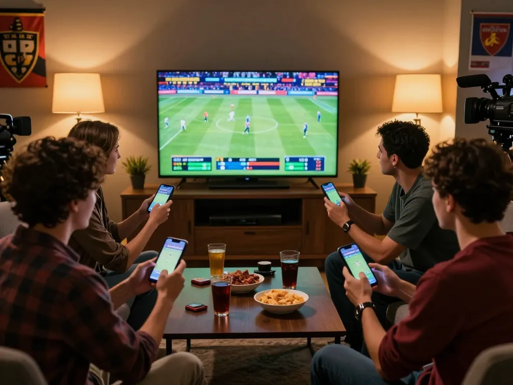 Friends engaging in live sports betting using rr88co, excitedly tracking game scores and placing online bets.