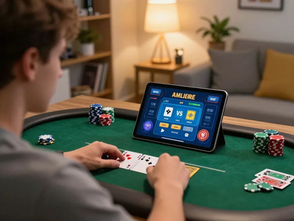Player enjoying XN88 online poker at home, engaging gameplay with tablet displayed.