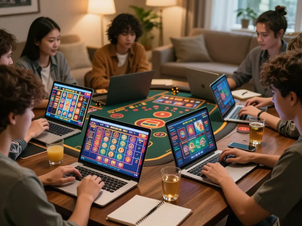 Engaged users playing sun win games on laptops and smartphones in a cozy home setting.