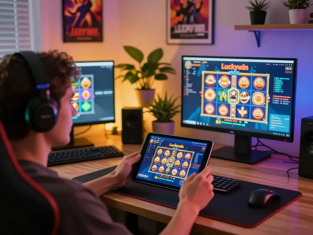 Giao diện ứng dụng Luckywin với những trò chơi slot sống động trong không gian trò chơi trực tuyến ấm cúng.