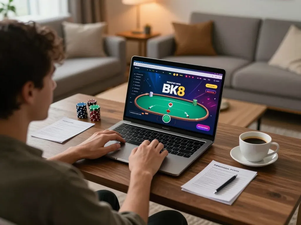 Player engaging with BK8 online poker at home, showcasing a strategic gaming setup