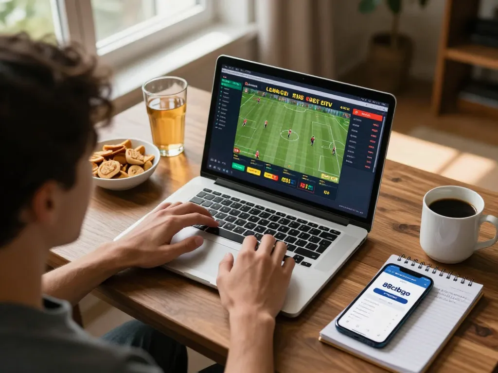 Person enjoying online sports betting on 88clbgo with laptop and mobile in a cozy home setup.