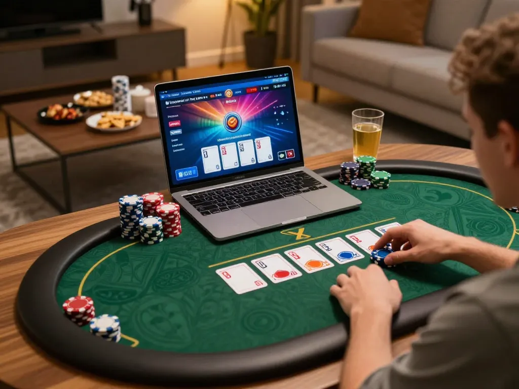 Engaging online poker gameplay at home on jus77 with cozy decor and warm lighting.