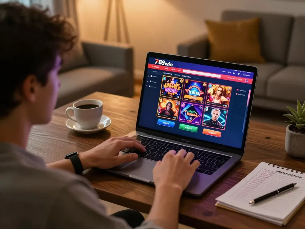 Player engaging with the 789win link mới on laptop, showcasing an immersive online gambling experience.