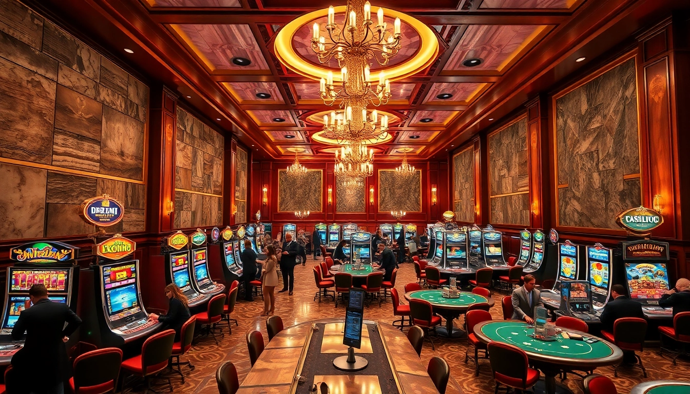 A lively setting of Non Uk Casino with elegant games and enthusiastic players enjoying the ambiance.