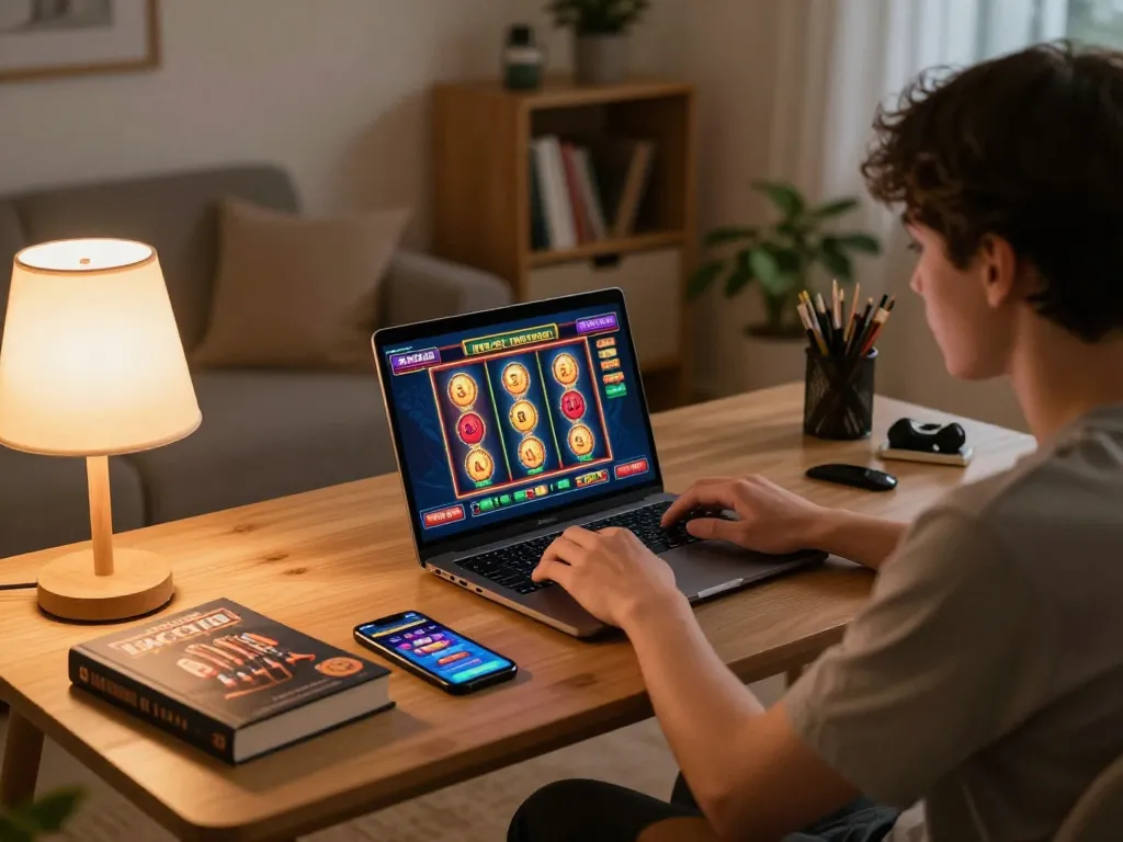 Gacor slot game action displayed on a laptop during a cozy home gaming session.