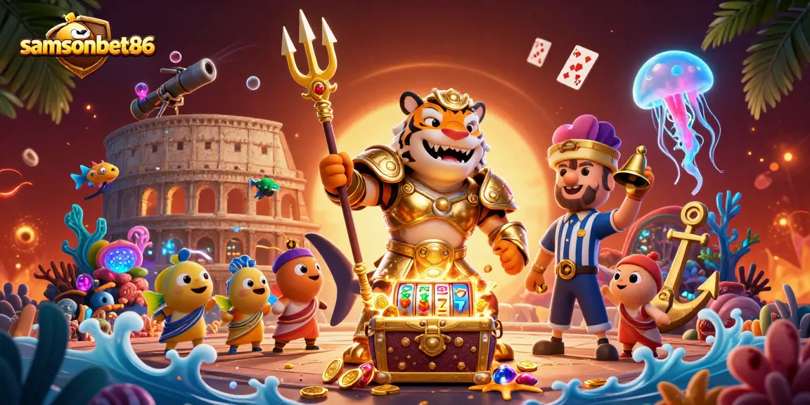 Experience thrilling slots with samsonbet86, featuring a tiger shark in an underwater colosseum.
