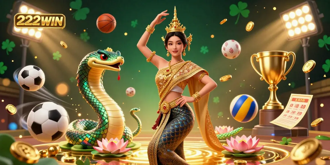 Engage with the excitement at 222WIN, where a vibrant scene showcases sports betting elements and dynamic characters.