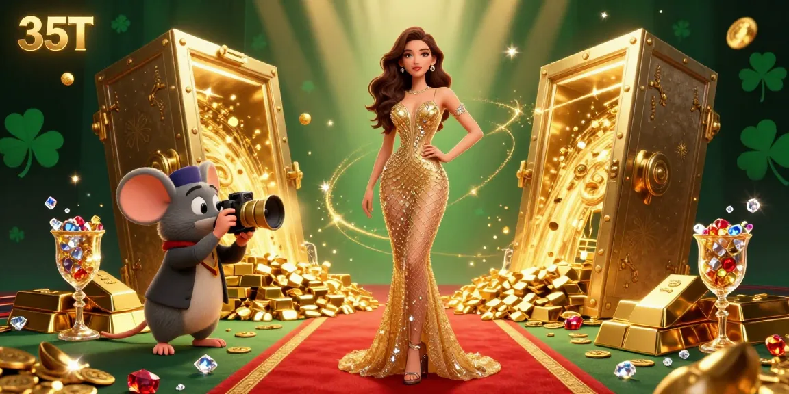 Experience luxurious gaming with 35T as a glamorous woman poses on the red carpet surrounded by golden treasures.
