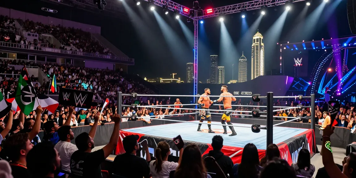 WWE Saudi Arabia event at Riyadh stadium with excited fans and wrestlers in action.